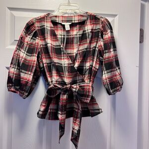 H&M - Plaid blouse w/ wrap sash belt - Size 8: NWT